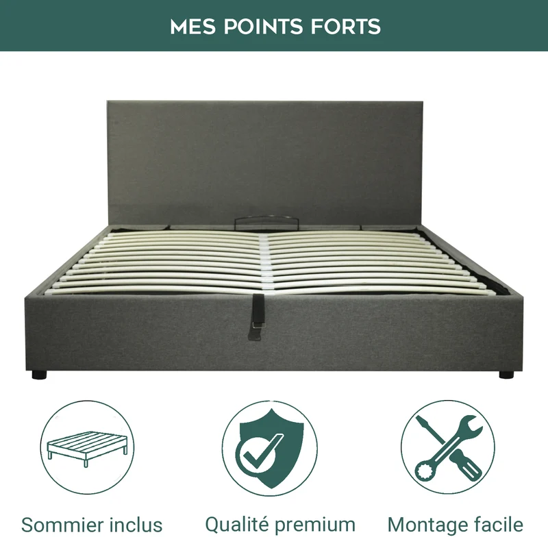 Lit coffre tissu, tête de lit, grand espace de stockage - Collection Versailles