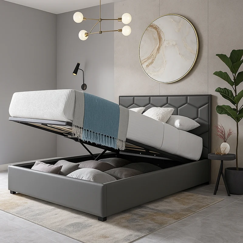 Lit grand coffre avec tête de lit capitonnée en simili cuir - Collection VariLuxe
