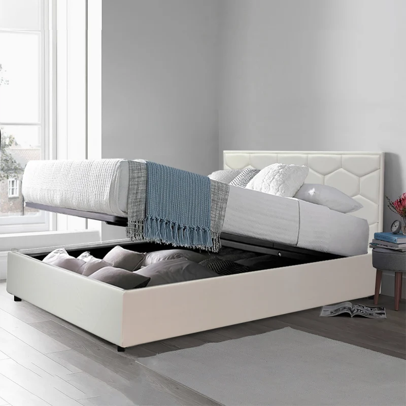 Lit grand coffre avec tête de lit capitonnée en simili cuir - Collection VariLuxe