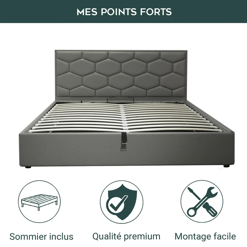 Lit grand coffre avec tête de lit capitonnée en simili cuir - Collection VariLuxe