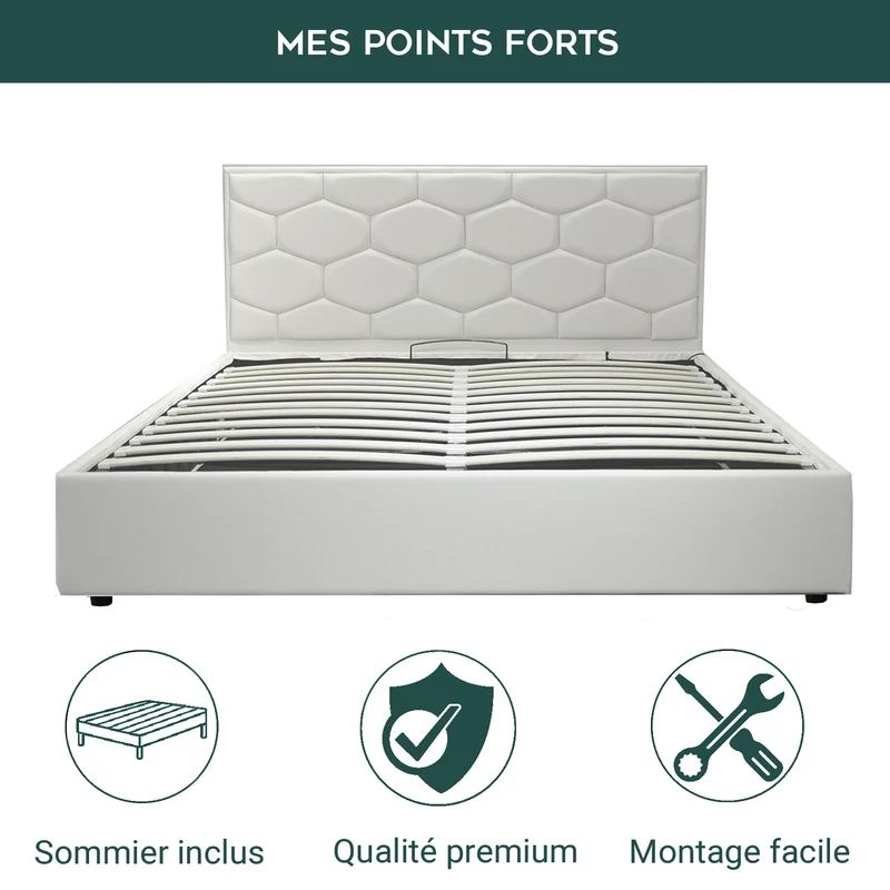 Lit grand coffre avec tête de lit capitonnée en simili cuir - Collection VariLuxe