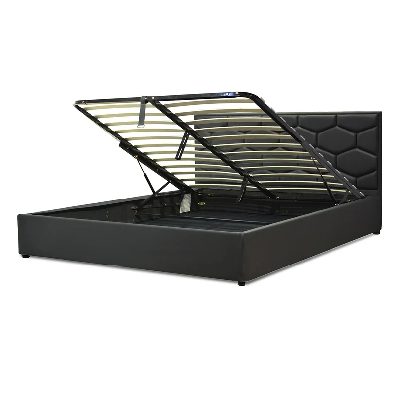 Lit grand coffre avec tête de lit capitonnée en simili cuir - Collection VariLuxe