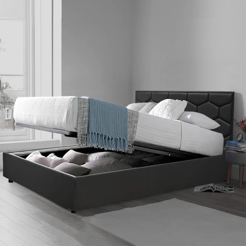 Lit grand coffre avec tête de lit capitonnée en simili cuir - Collection VariLuxe