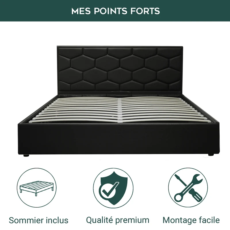 Lit grand coffre avec tête de lit capitonnée en simili cuir - Collection VariLuxe
