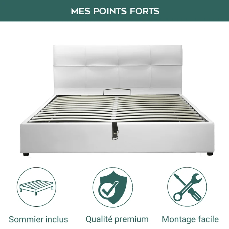 Lit grand coffre avec tête de lit capitonnée en simili cuir - Collection VariLuxe