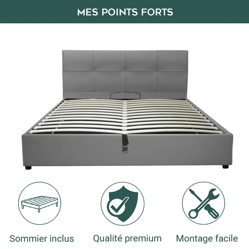 Lit grand coffre avec tête de lit capitonnée en simili cuir - Collection VariLuxe