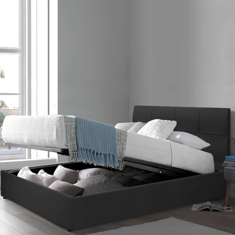 Lit grand coffre avec tête de lit capitonnée en simili cuir - Collection VariLuxe