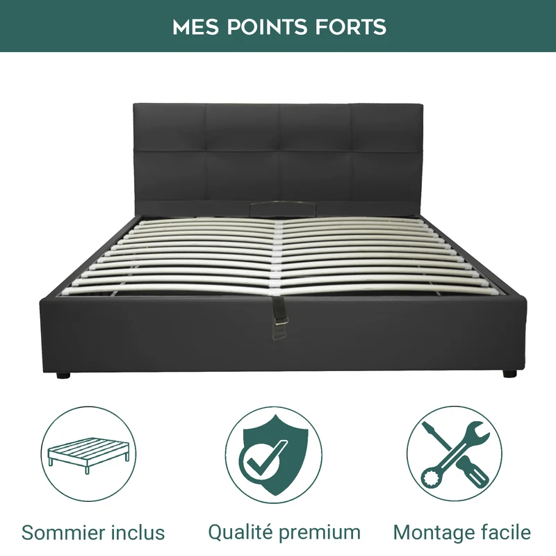 Lit grand coffre avec tête de lit capitonnée en simili cuir - Collection VariLuxe