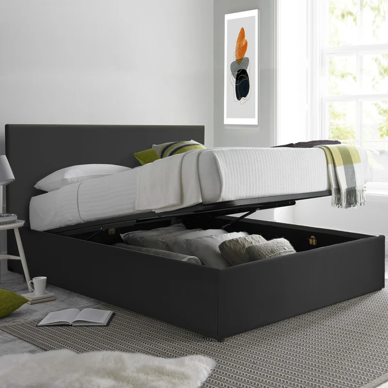Lit grand coffre avec tête de lit capitonnée en simili cuir - Collection VariLuxe