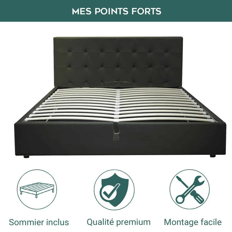 Lit grand coffre avec tête de lit capitonnée en simili cuir - Collection VariLuxe