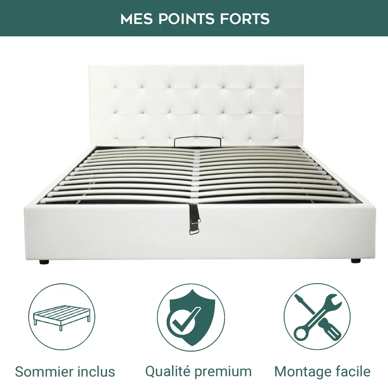 Lit grand coffre avec tête de lit capitonnée en simili cuir - Collection VariLuxe