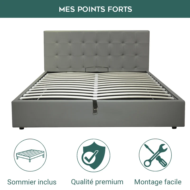 Lit grand coffre avec tête de lit capitonnée en simili cuir - Collection VariLuxe