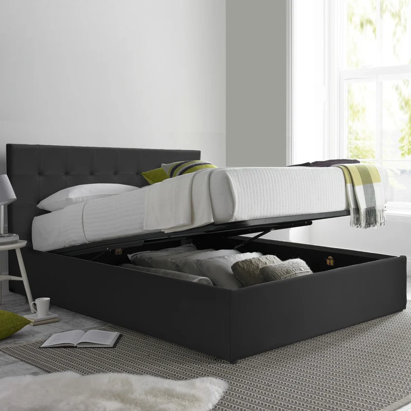 Lit grand coffre avec tête de lit capitonnée en simili cuir - Collection VariLuxe