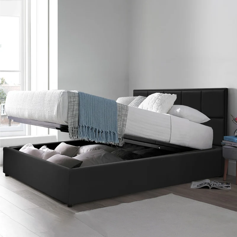 Lit grand coffre avec tête de lit capitonnée en simili cuir - Collection VariLuxe
