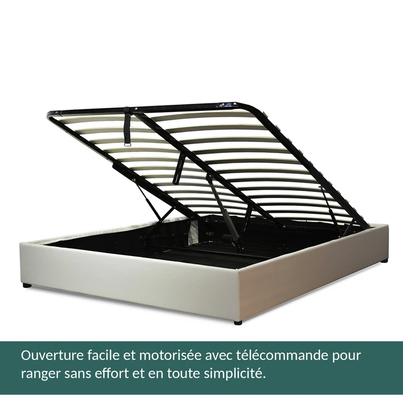 Lit coffre électrique simili cuir blanc, télécommande, sommier flexible - Collection Futura