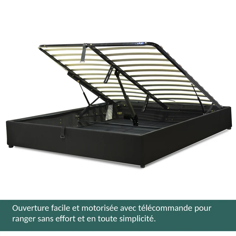 Lit coffre électrique simili cuir noir, télécommande, sommier flexible - Collection Futura