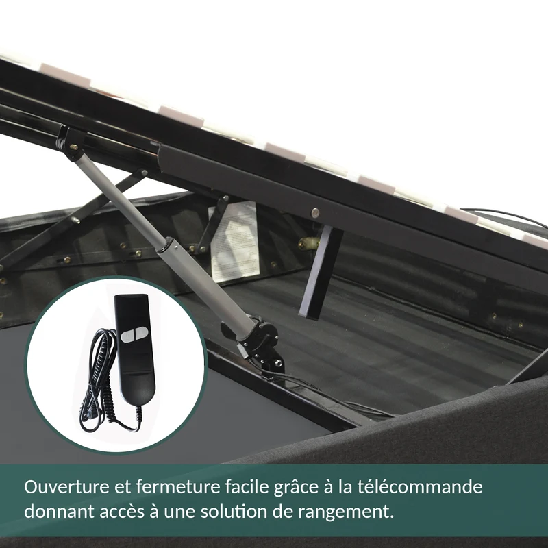 Lit coffre électrique simili cuir noir, télécommande, sommier flexible - Collection Futura