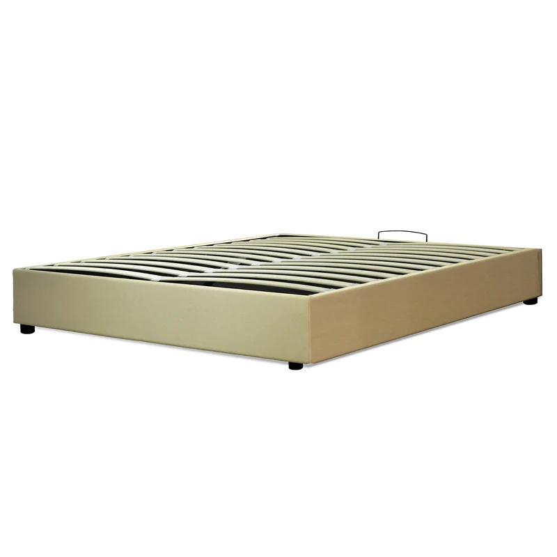 Lit coffre électrique tissu sable, télécommande, sommier flexible - Collection Futura