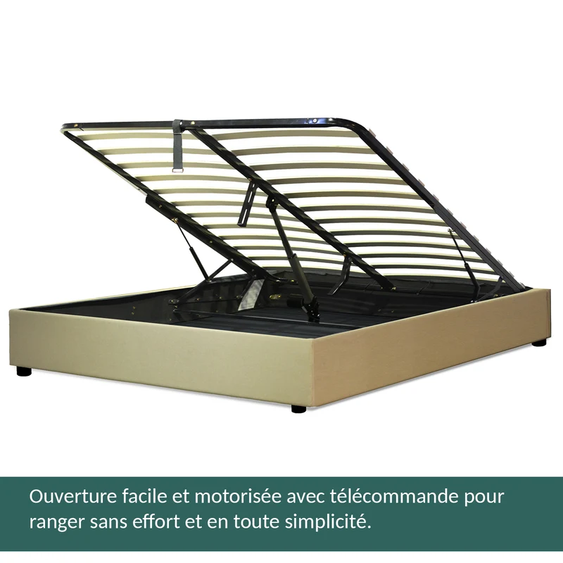 Lit coffre électrique tissu sable, télécommande, sommier flexible - Collection Futura