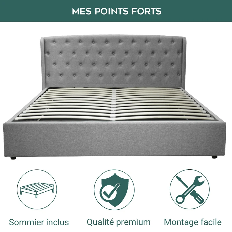 Lit coffre sommier relevable Monceau capitonné chic : tissu et sommier à lattes en bois flexibles
