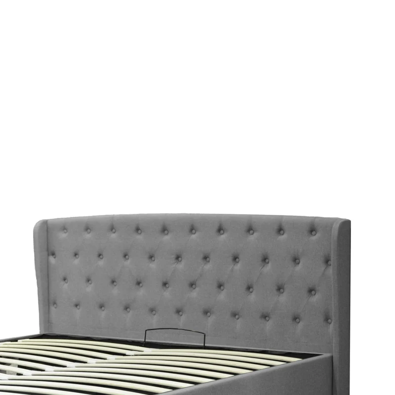 Lit coffre sommier relevable Monceau capitonné chic : tissu et sommier à lattes en bois flexibles