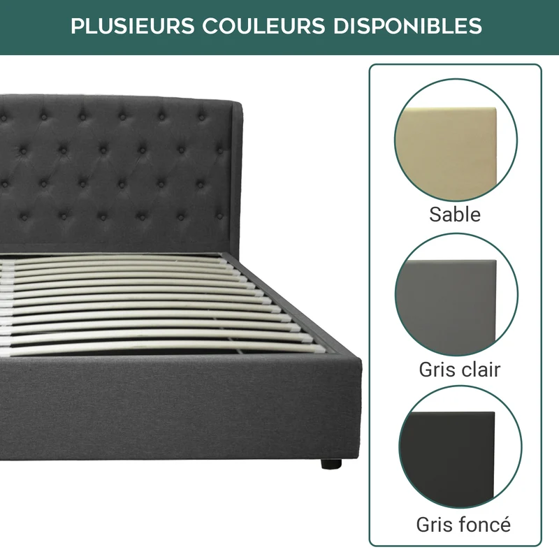 Lit coffre sommier relevable Monceau capitonné chic : tissu et sommier à lattes en bois flexibles