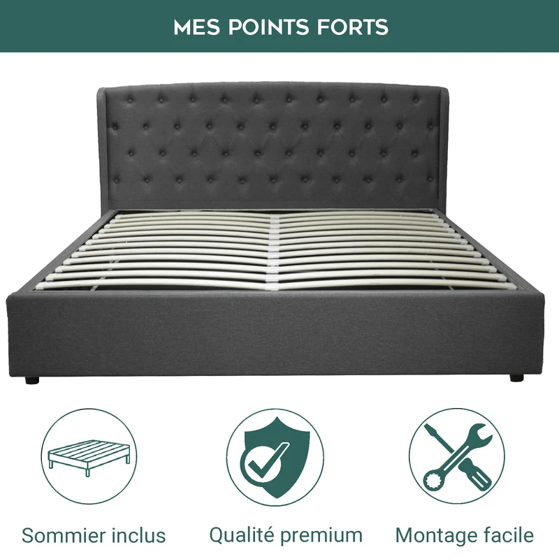 Lit coffre sommier relevable Monceau capitonné chic : tissu et sommier à lattes en bois flexibles