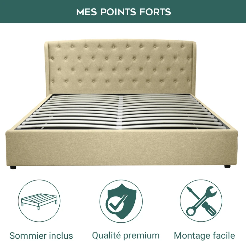 Lit coffre sommier relevable Monceau capitonné chic : tissu et sommier à lattes en bois flexibles