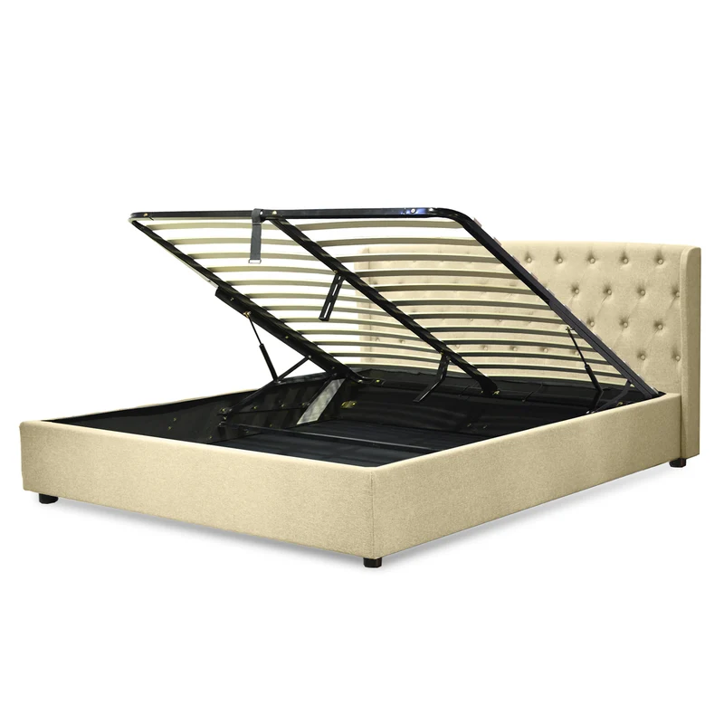 Lit coffre sommier relevable Monceau capitonné chic : tissu et sommier à lattes en bois flexibles
